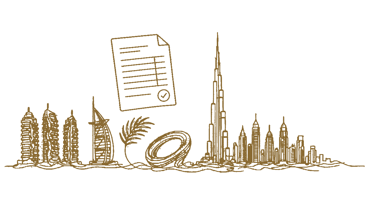 Line drawing of an e-invoice above the Dubai skyline